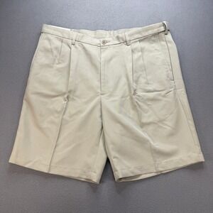 Haggar Cool 18 Gab Shorts Mens 40 Tan Khaki Polyester Pleated Expandable NWT
